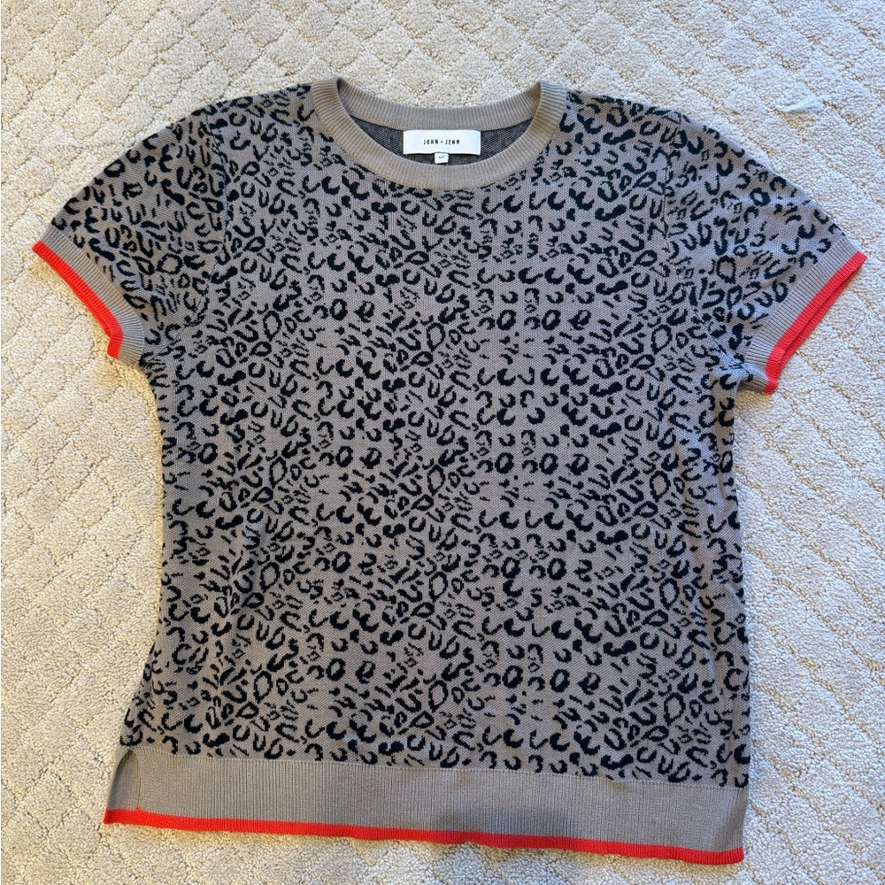 Anthropologie John + Jenn Taupe and Black Patterned Sweater with Orange Trim.